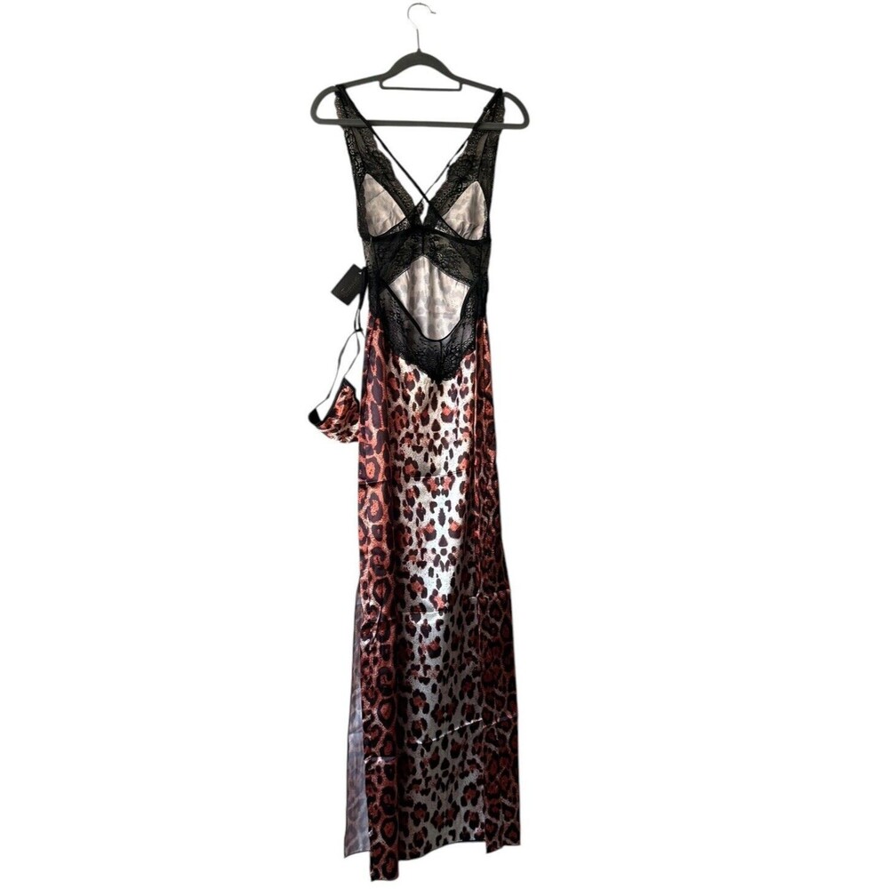Fredericks Hollywood Lace Satin Gown S Leopard Slit Nightgown Set Boudoir NWT - Picture 11 of 16